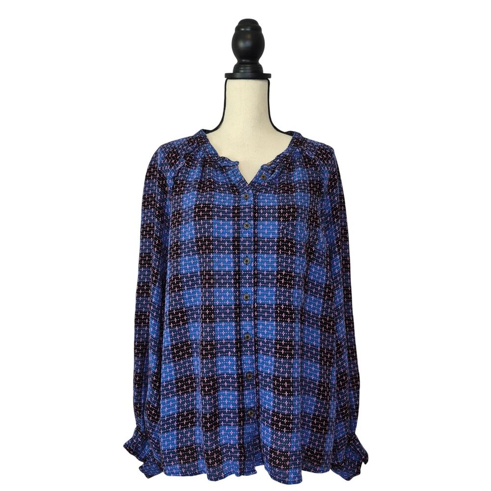 Anthropologie Pilcro Plaid Cross Stitch Blouse Pink Embroidered Button Up Sz 3X